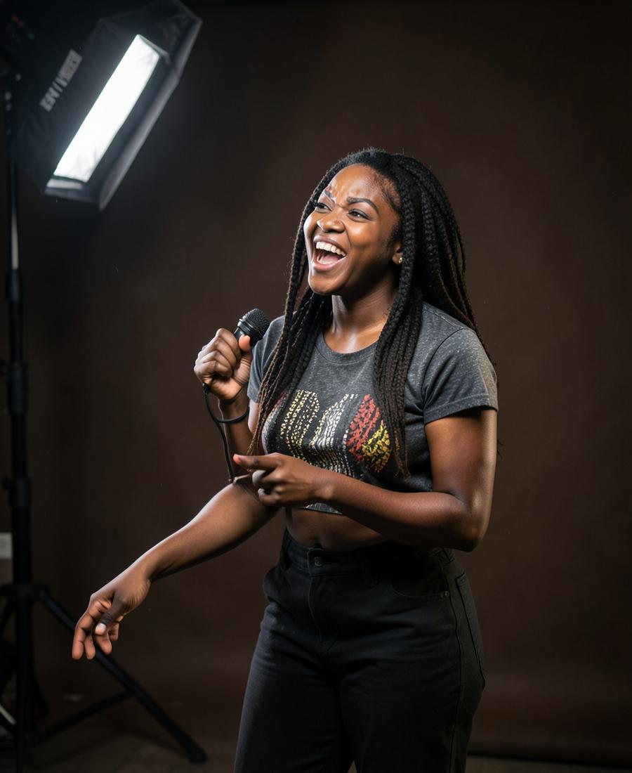 Maame Adwoa performing under studio lights